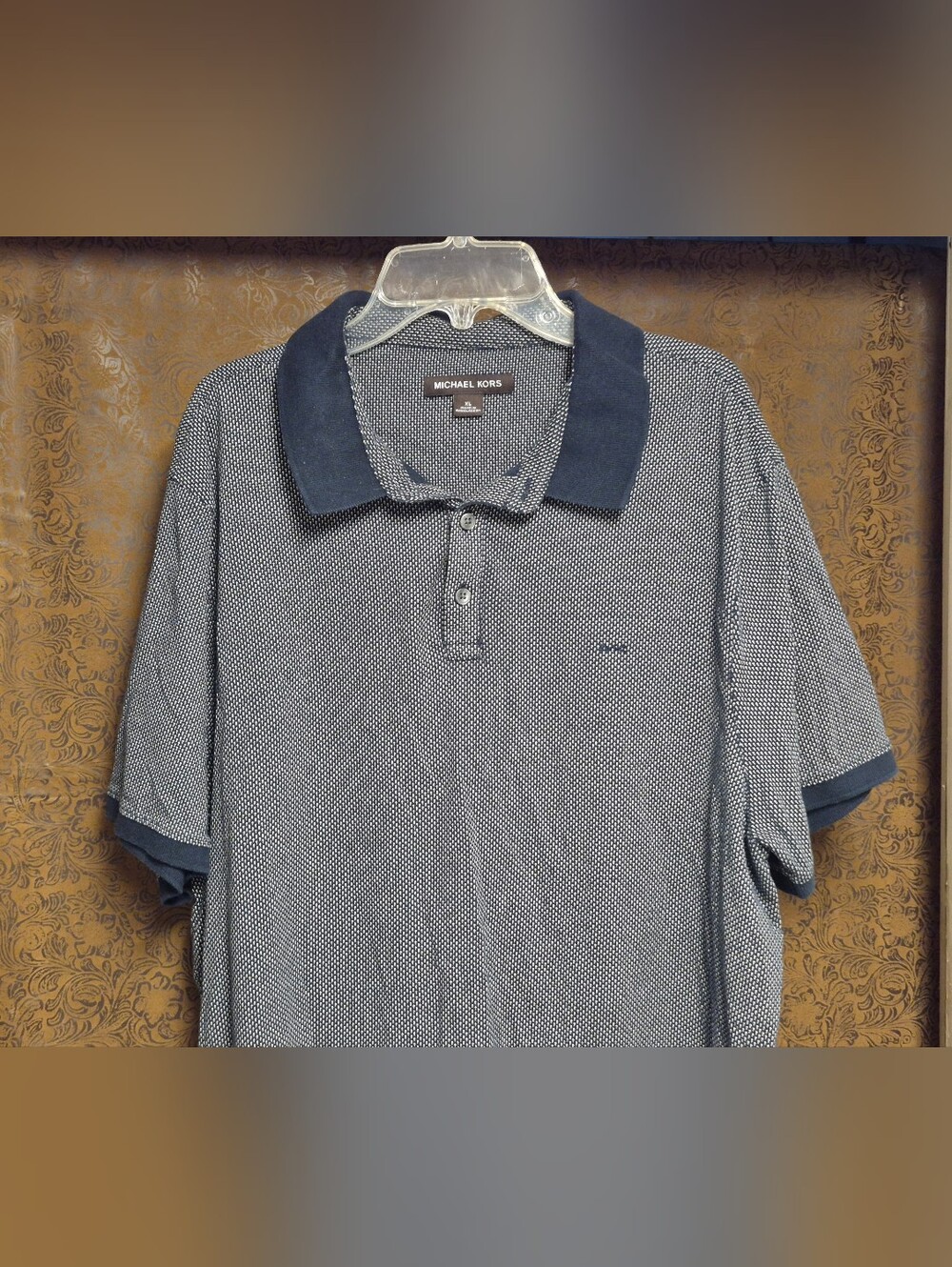 Michael Kors Men's Navy Micro-Pattern Polo with Contrast Collar